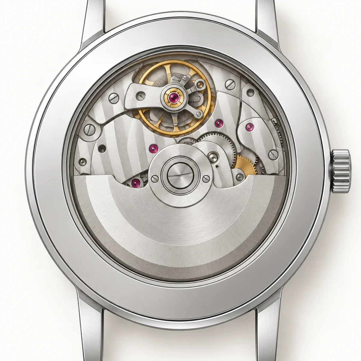 The back of the watch: the movement under a sapphire caseback