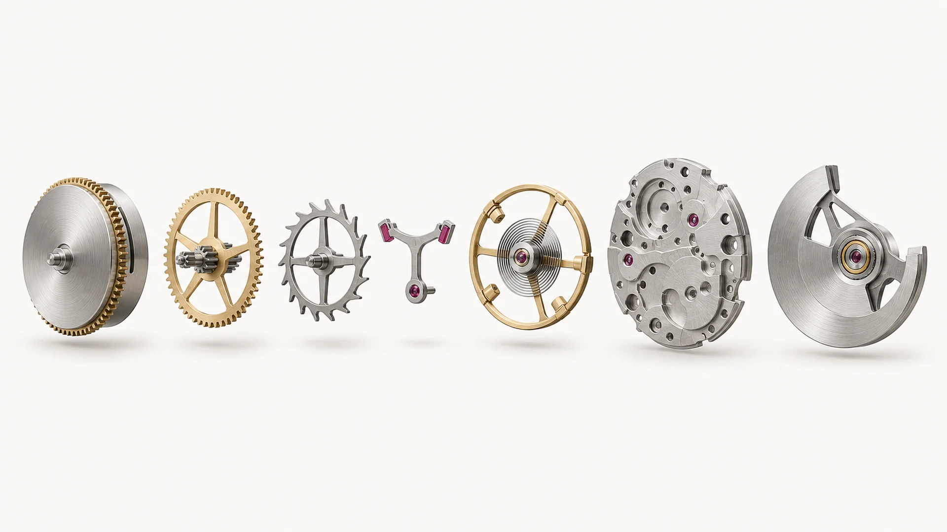 An exploded watch movement: barrel, wheels, escapement, balance, plate and rotor in a row